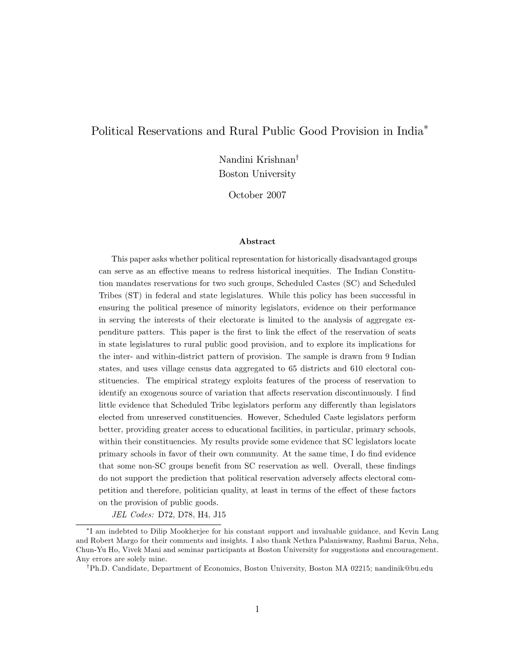 Political Reservations and Rural Public Good Provision in India By