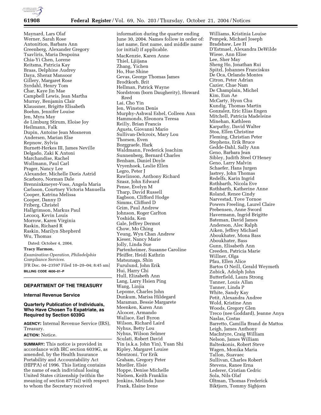 Federal Register/Vol. 69, No. 203/Thursday, October 21, 2004