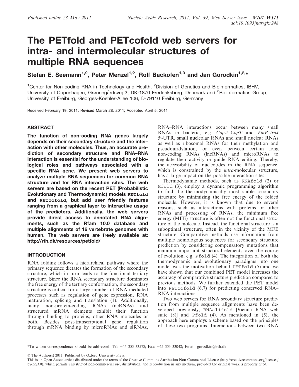 The Petfold and Petcofold Web Servers for Intra- and Intermolecular Structures of Multiple RNA Sequences Stefan E