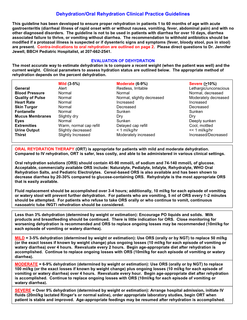 Dehydration/Oral Rehydration Clinical Practice Guidelines