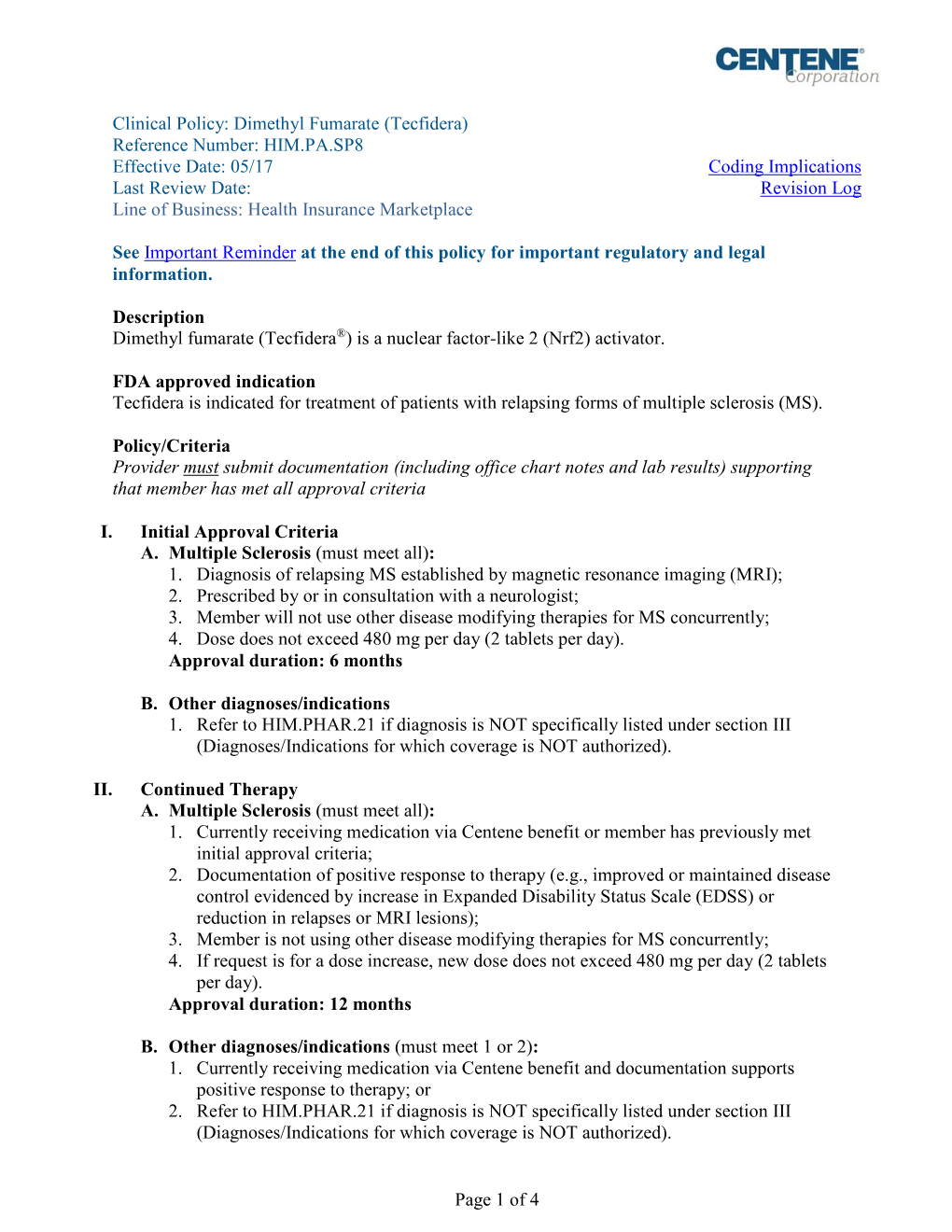 Page 1 of 4 Clinical Policy: Dimethyl Fumarate (Tecfidera)