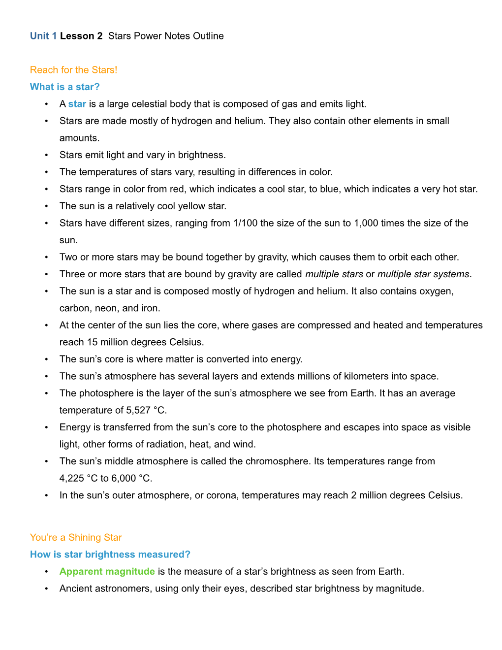 Unit 1 Lesson 2 Stars Power Notes Outline