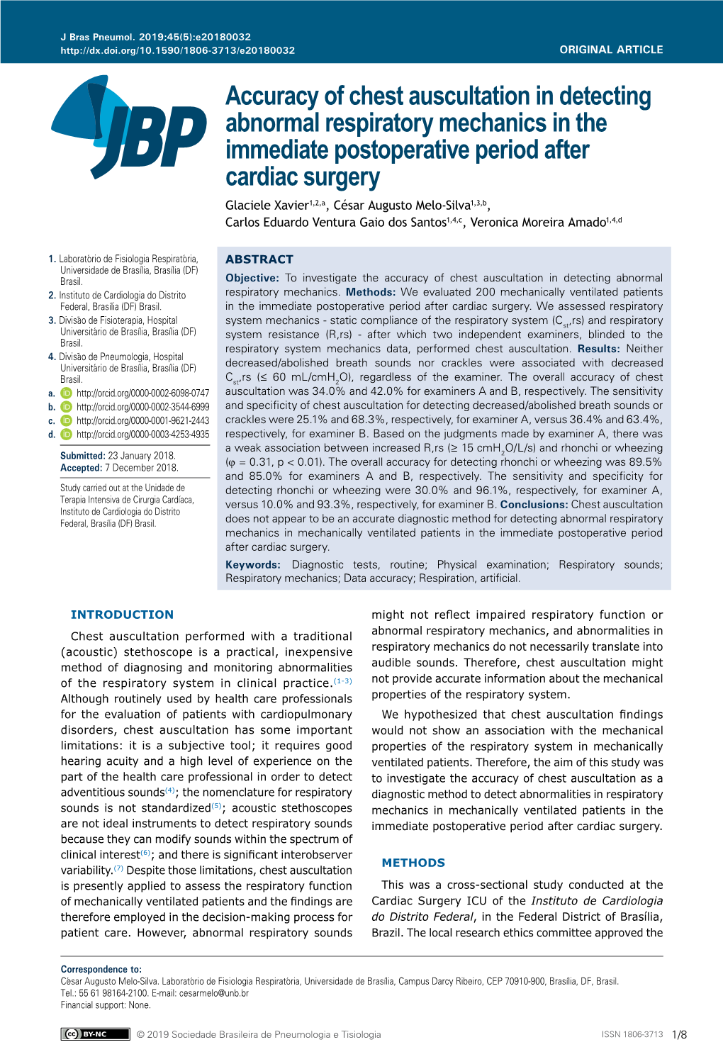 Accuracy of Chest Auscultation in Detecting Abnormal Respiratory Mechanics in the Immediate Postoperative Period After Cardiac S