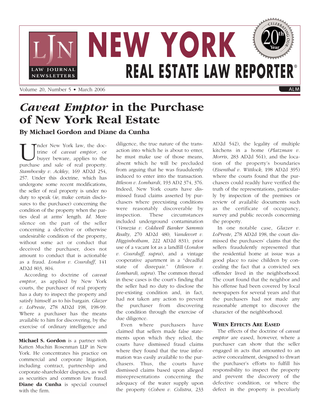 Caveat Emptor in the Purchase of New York Real Estate by Michael Gordon and Diane Da Cunha