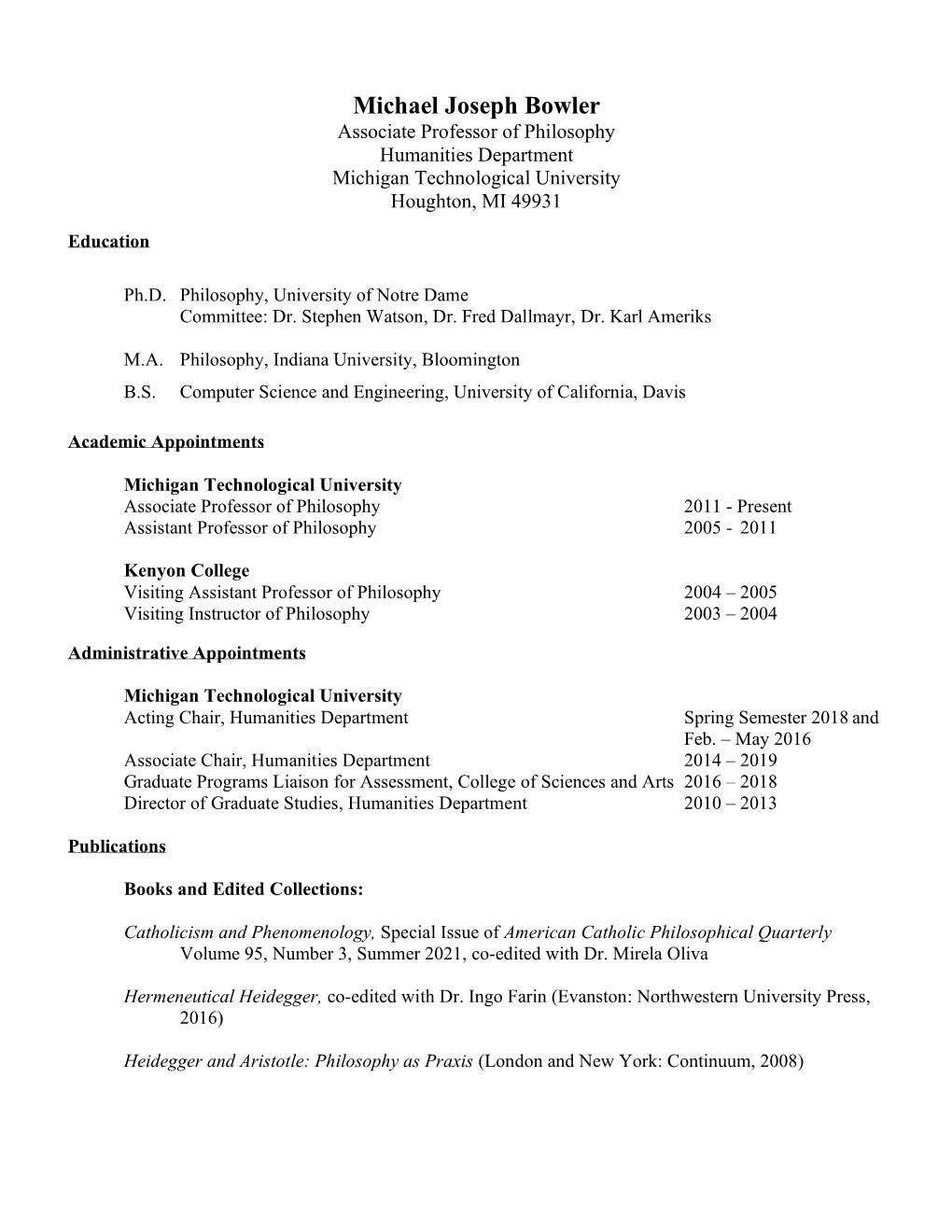 Michael Bowler CV