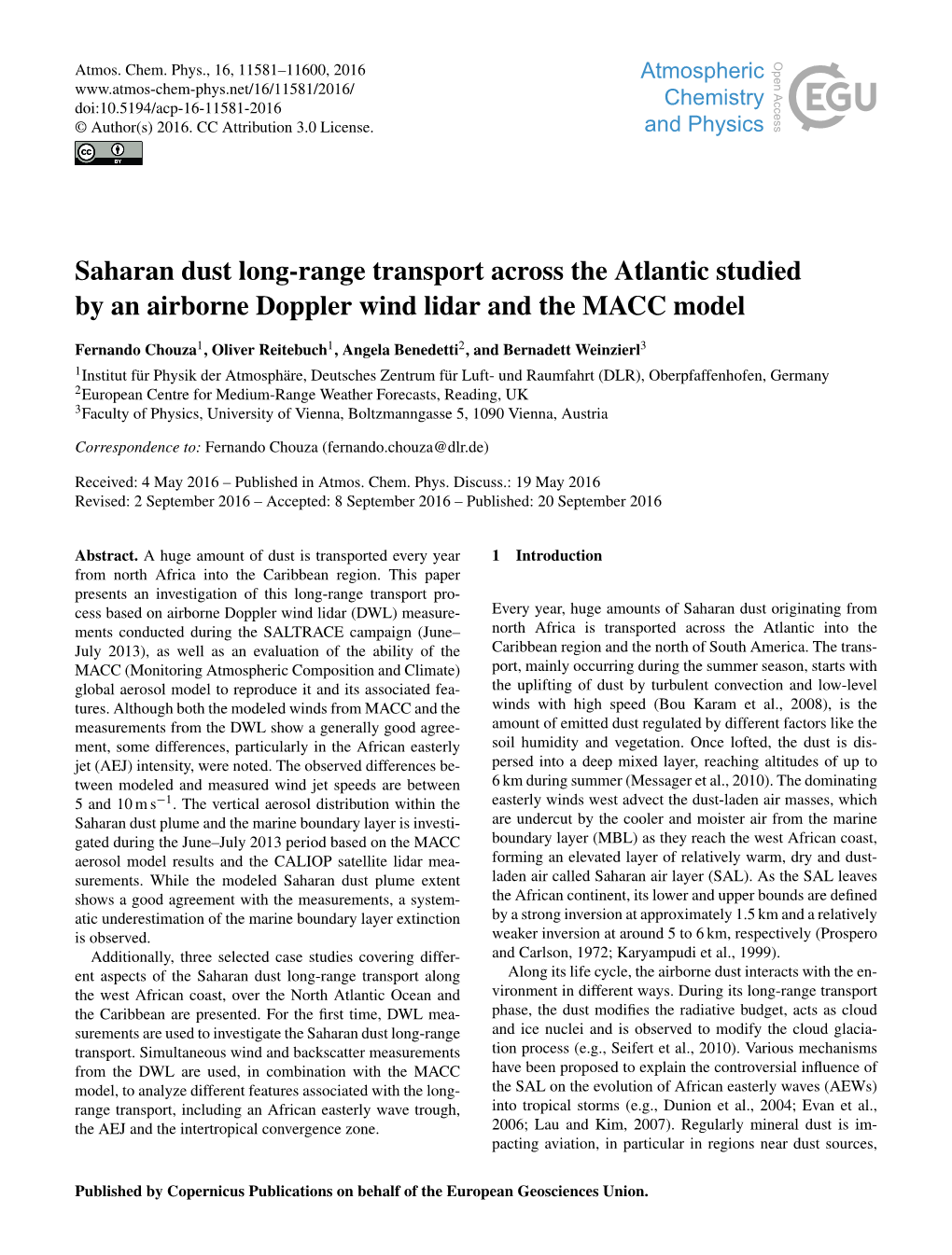 Saharan Dust Long-Range Transport Across the Atlantic Studied by an Airborne Doppler Wind Lidar and the MACC Model