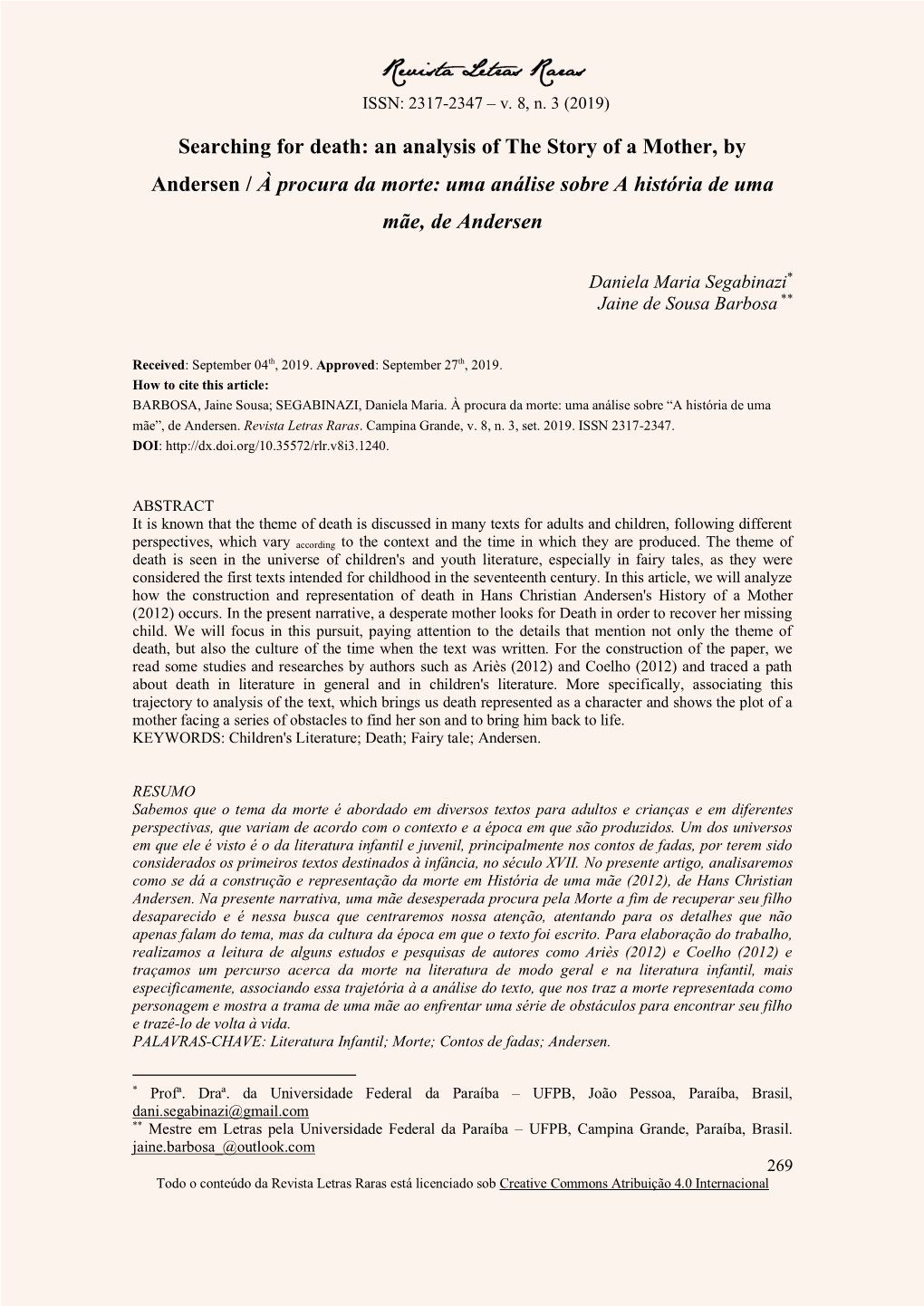 Searching for Death: an Analysis of the Story of a Mother, by Andersen / À Procura Da Morte: Uma Análise Sobre a História De Uma Mãe, De Andersen