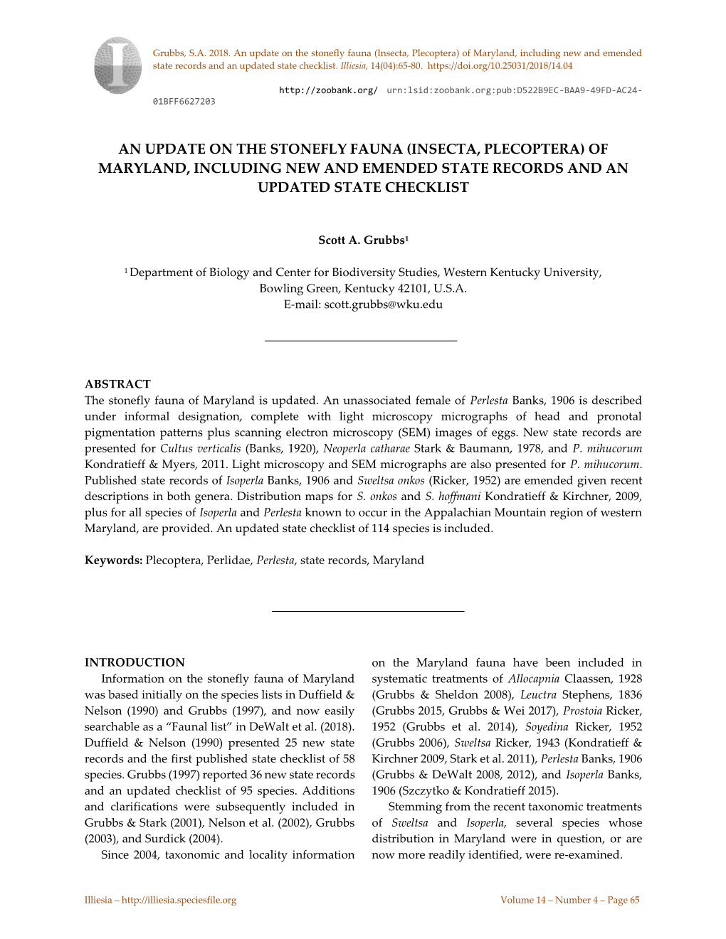 Insecta, Plecoptera) of Maryland, Including New and Emended State Records and an Updated State Checklist