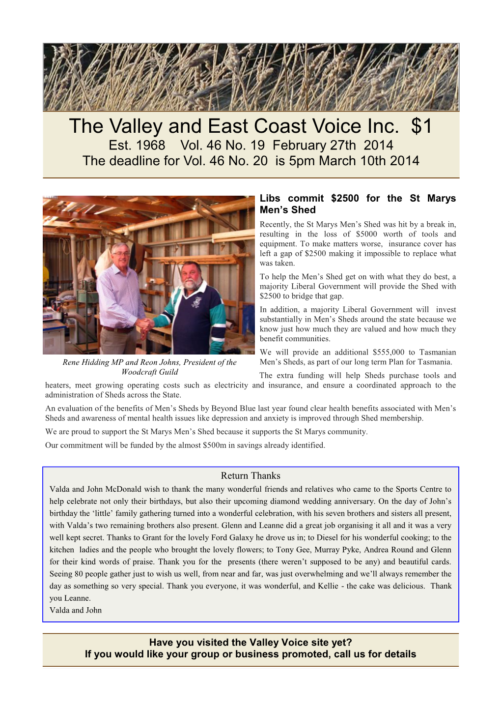 The Valley and East Coast Voice Inc. $1 Est