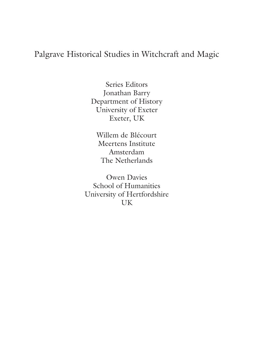 Palgrave Historical Studies in Witchcraft and Magic