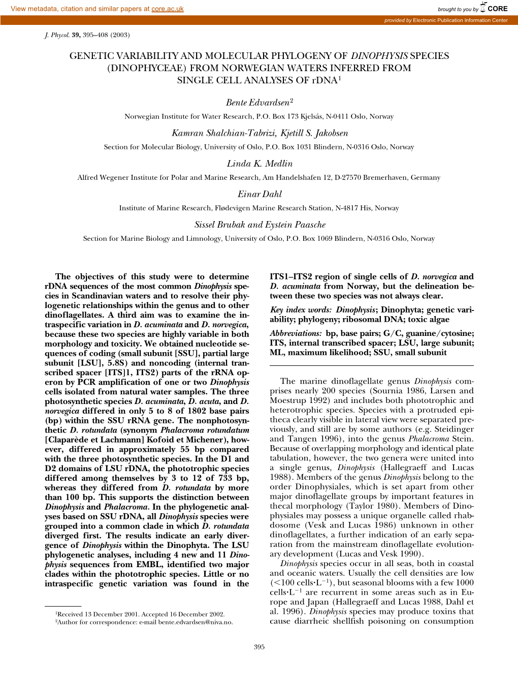 FROM NORWEGIAN WATERS INFERRED from SINGLE CELL ANALYSES of Rdna1