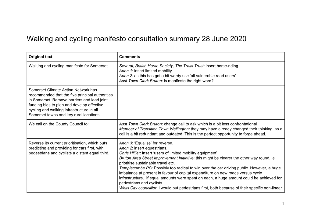 Walking and Cycling Manifesto Consultation Summary 28 June 2020