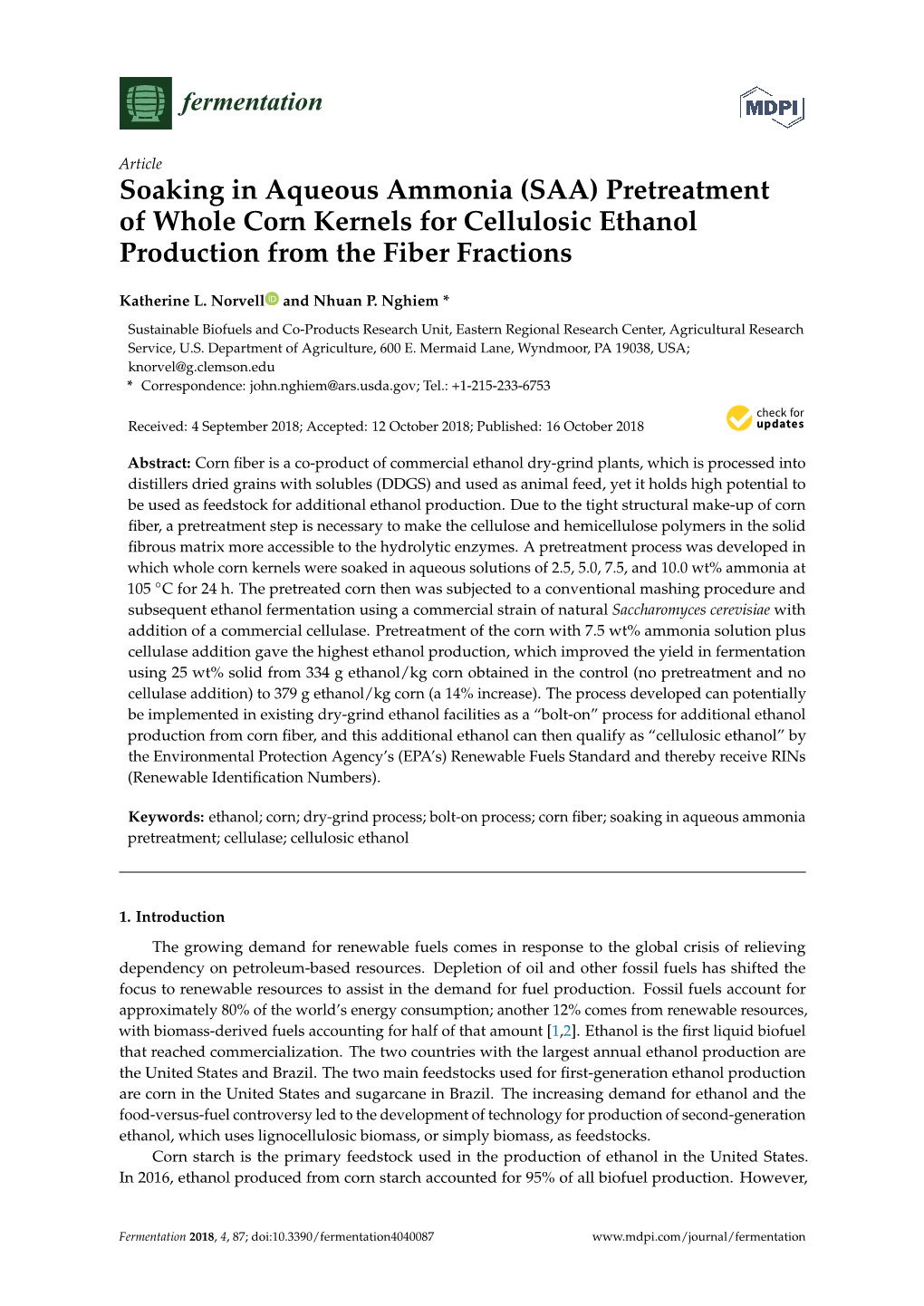 Pretreatment of Whole Corn Kernels for Cellulosic Ethanol Production from the Fiber Fractions