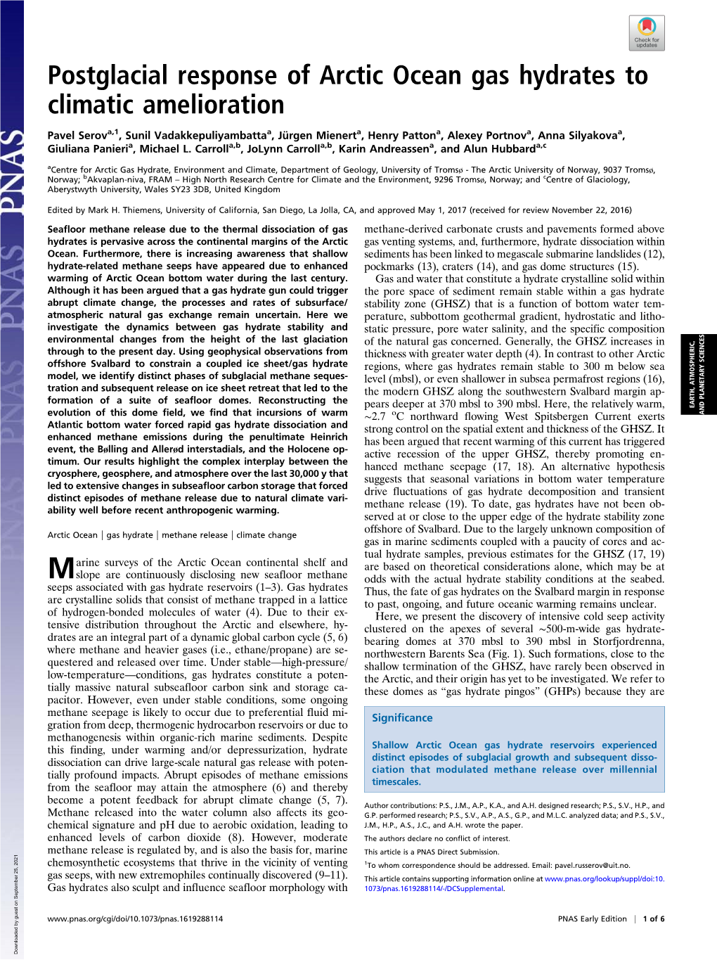 Postglacial Response of Arctic Ocean Gas Hydrates to Climatic Amelioration