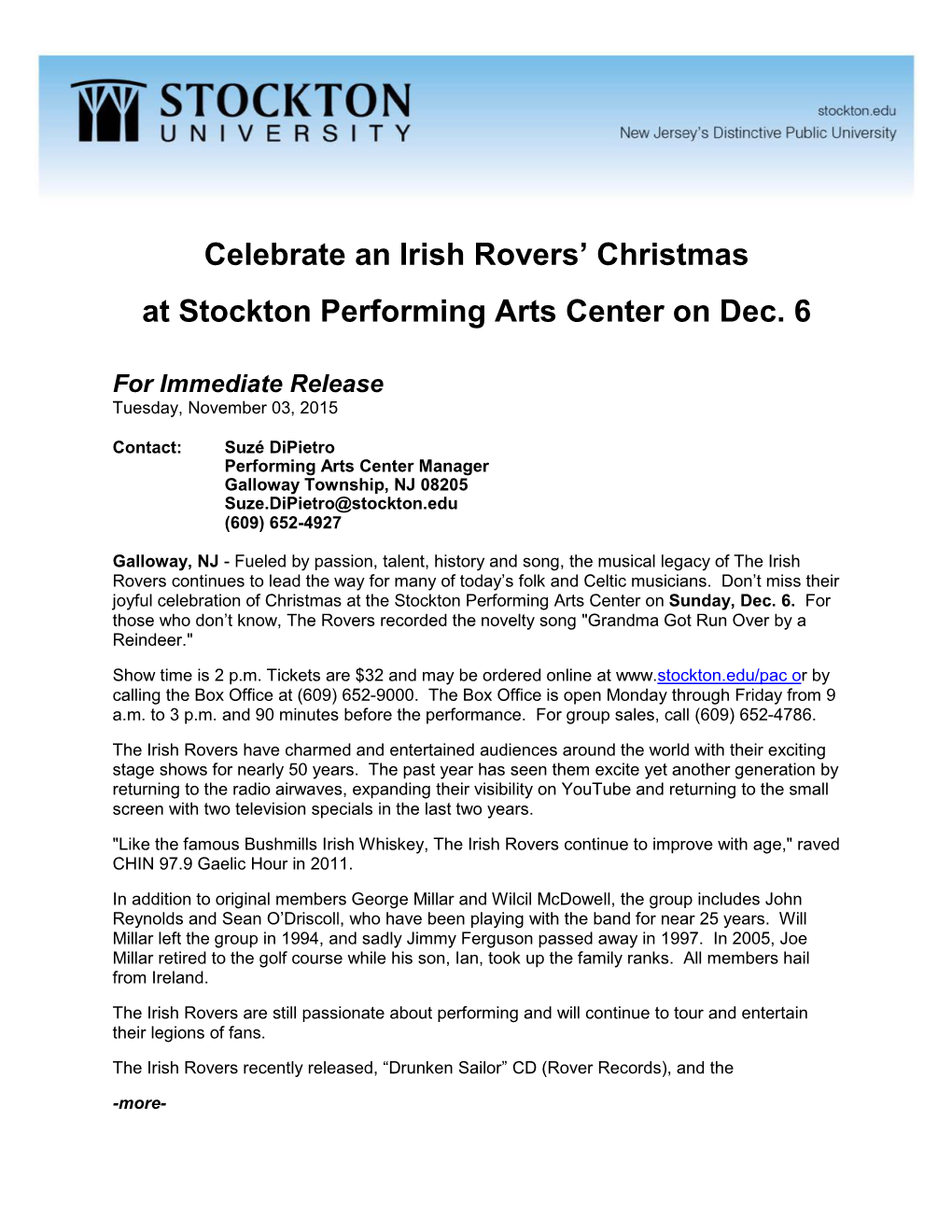 Celebrate an Irish Rovers' Christmas at Stockton Performing Arts Center