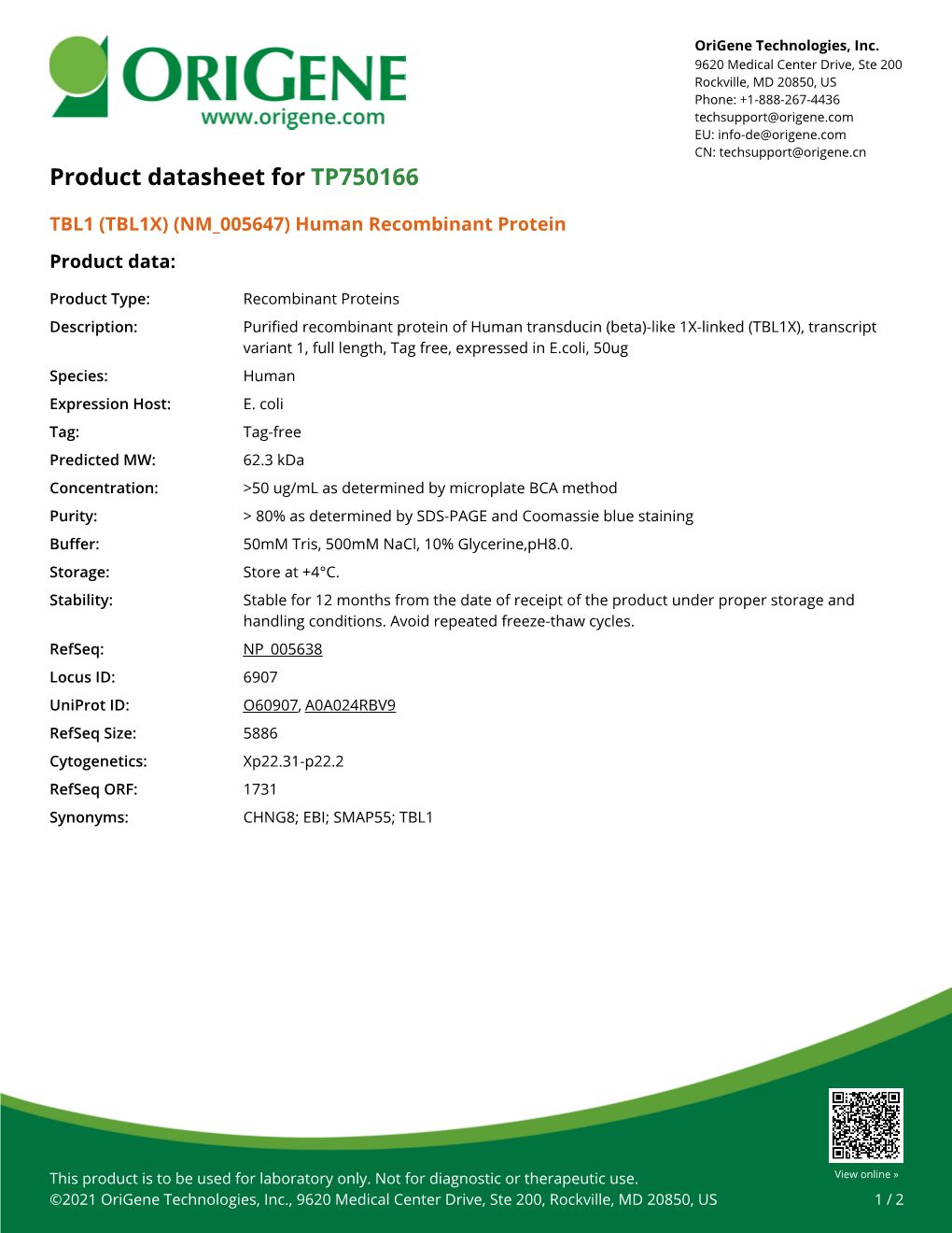 TBL1 (TBL1X) (NM 005647) Human Recombinant Protein Product Data