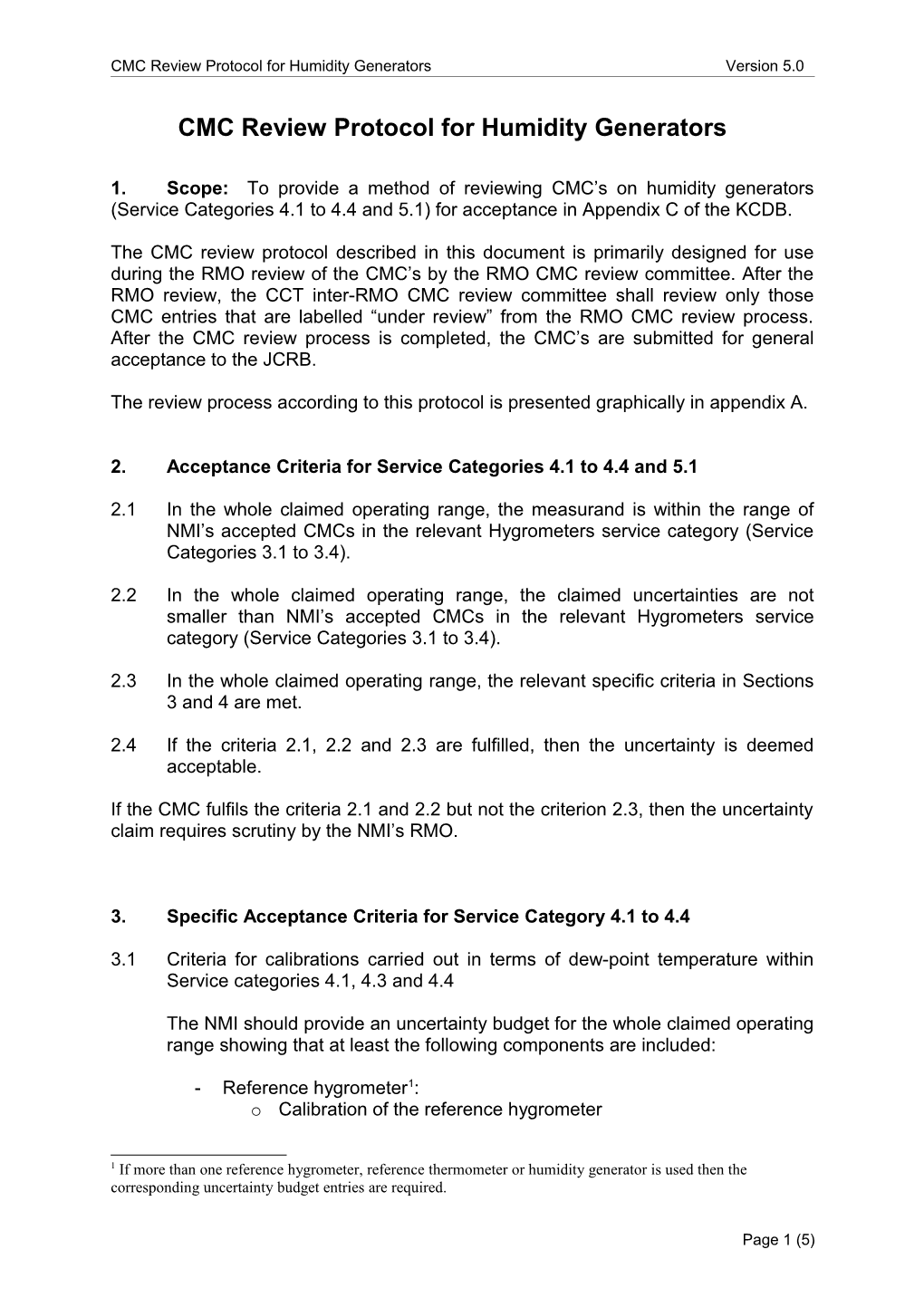 CMC Review Protocol for Humidity Generators Version 5.0