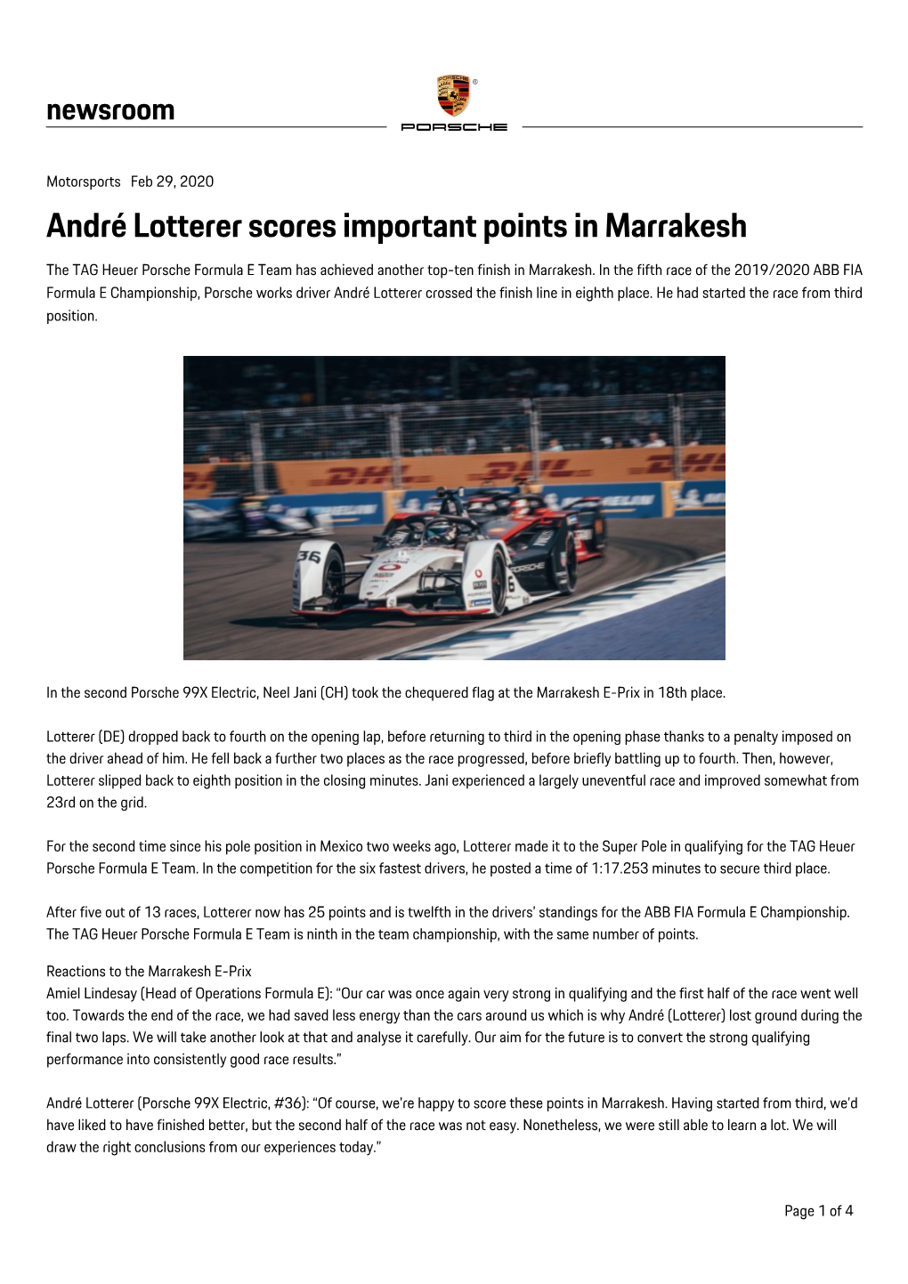 André Lotterer Scores Important Points in Marrakesh the TAG Heuer Porsche Formula E Team Has Achieved Another Top-Ten Finish in Marrakesh