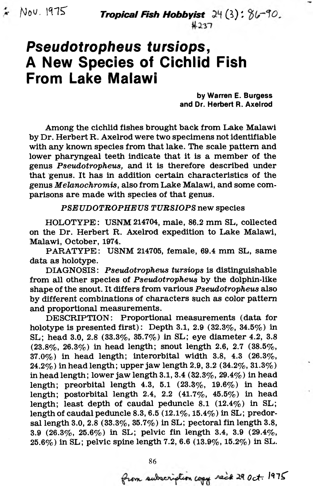 A New Species of Cichlid Fish from Lake Malawi by Warren E