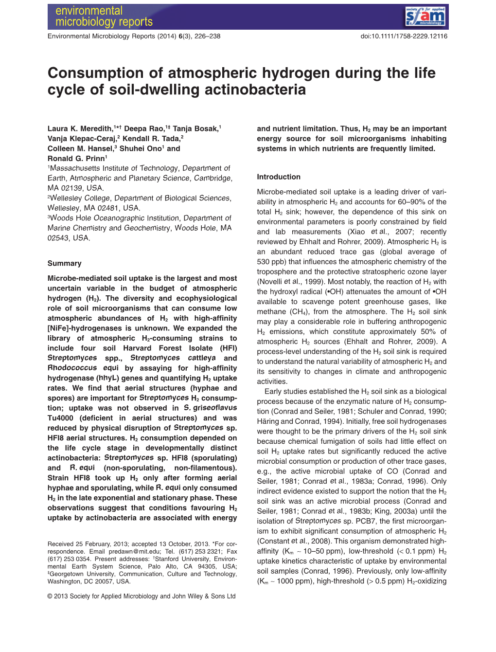 Consumption of Atmospheric Hydrogen During the Life Cycle of Soil-Dwelling Actinobacteria