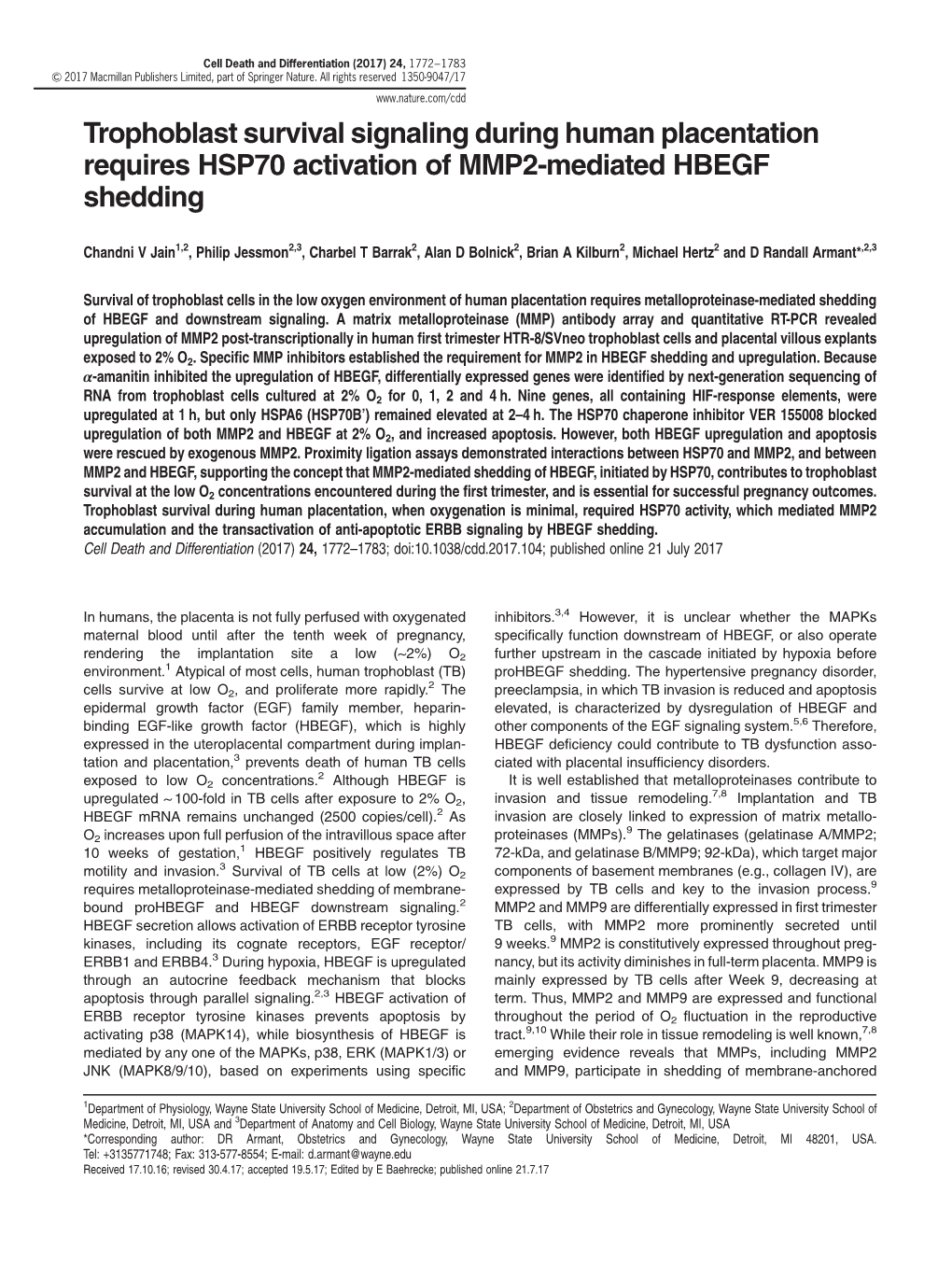 Trophoblast Survival Signaling During Human Placentation Requires HSP70 Activation of MMP2-Mediated HBEGF Shedding