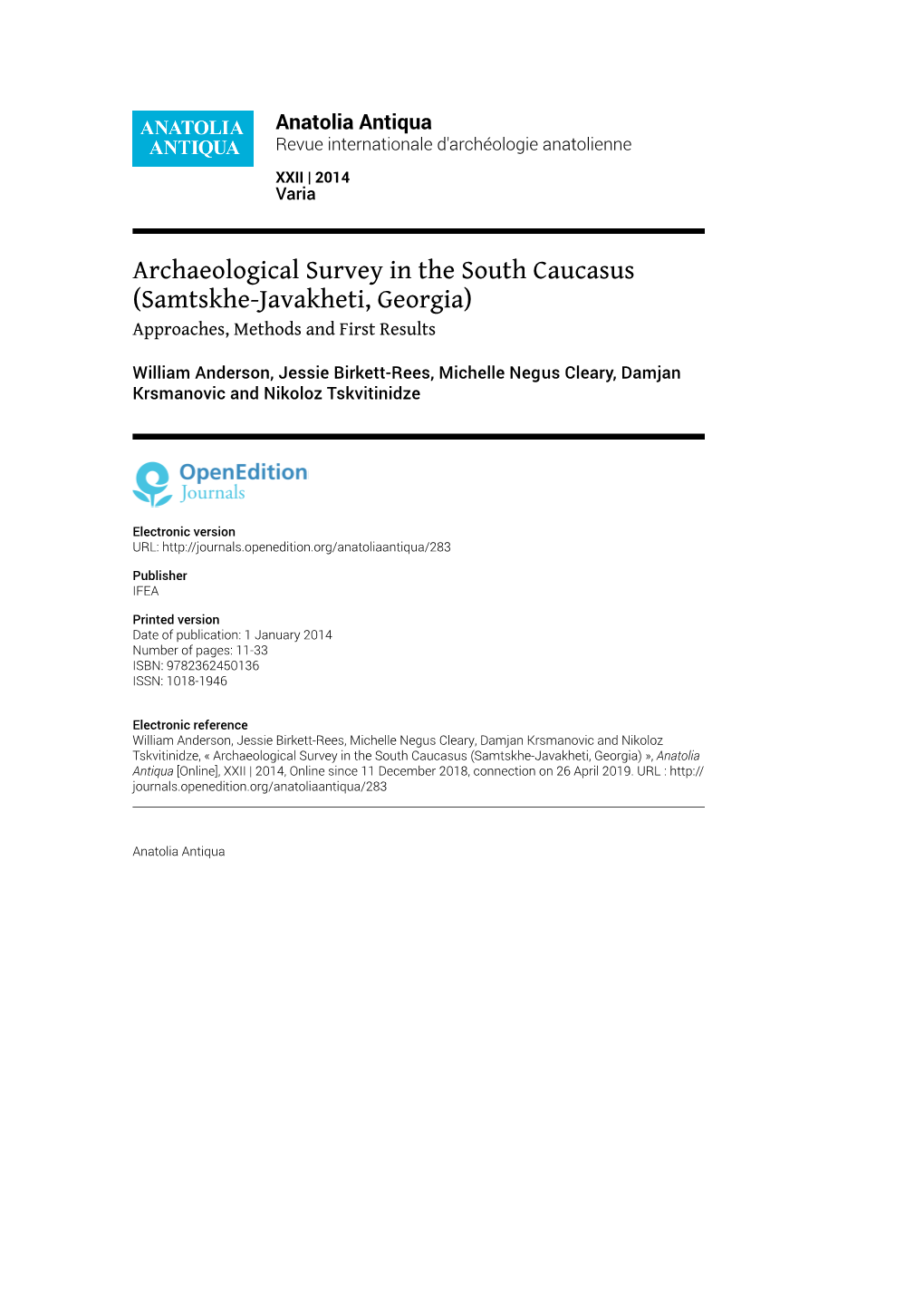 Archaeological Survey in the South Caucasus (Samtskhe-Javakheti, Georgia) Approaches, Methods and First Results