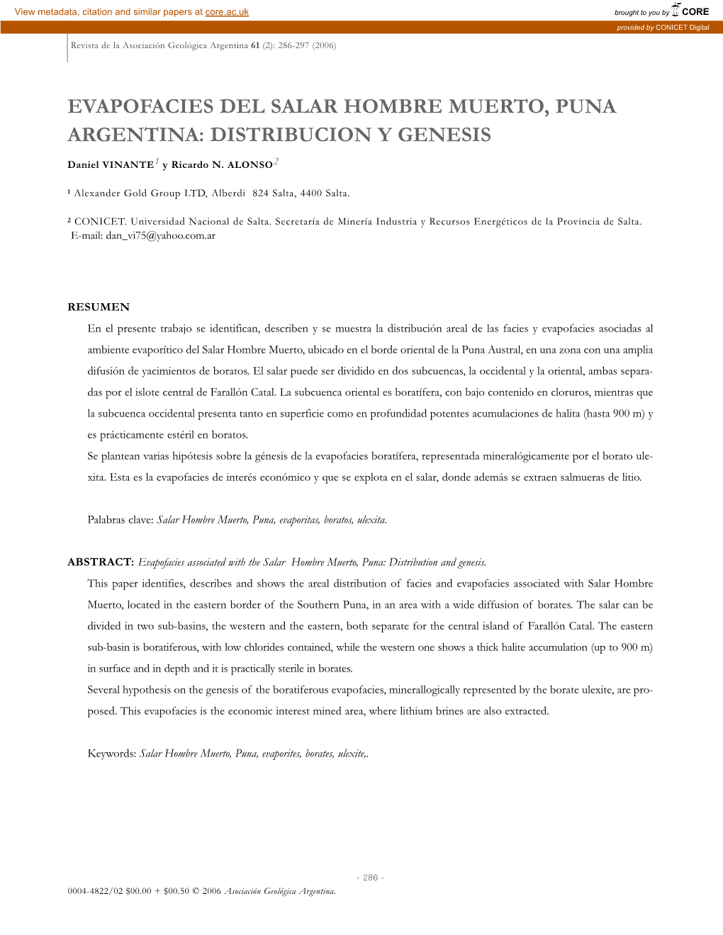 Evapofacies Del Salar Hombre Muerto, Puna Argentina: Distribucion Y Genesis