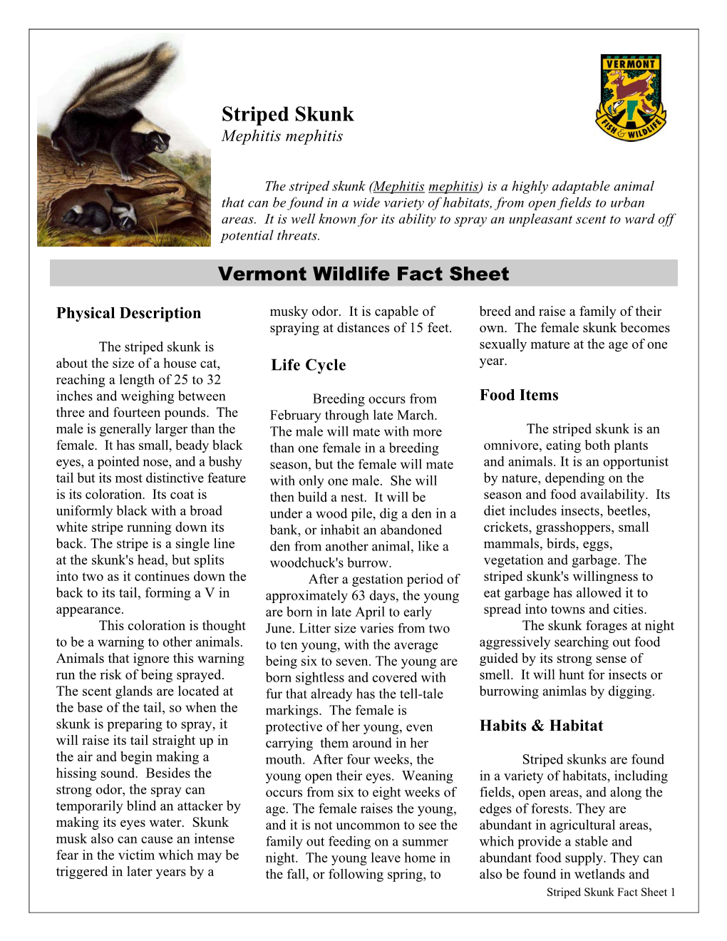 Vermont Wildlife Fact Sheet: Striped Skunk