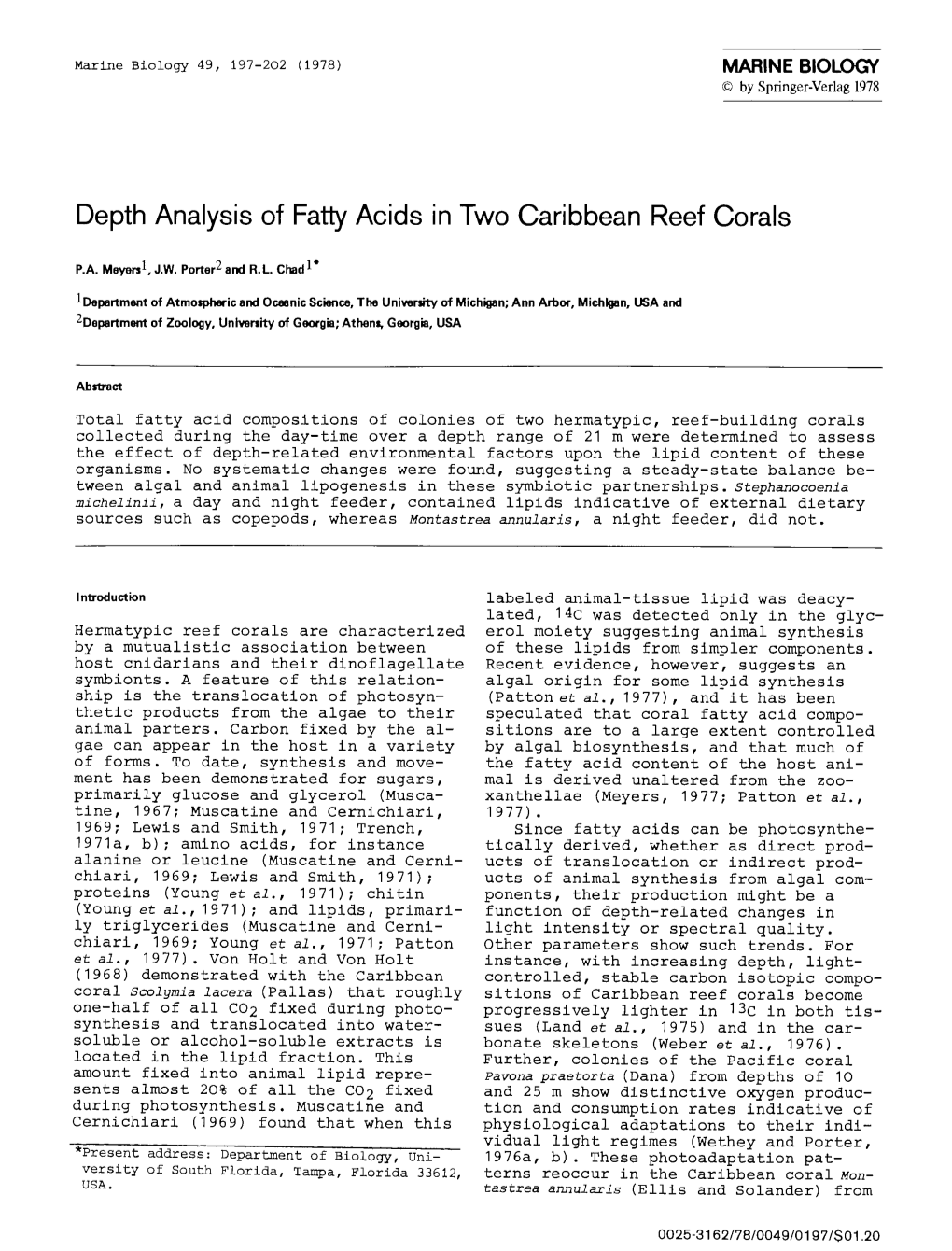 Depth Analysis of Fatty Acids in Two Caribbean Reef Corals