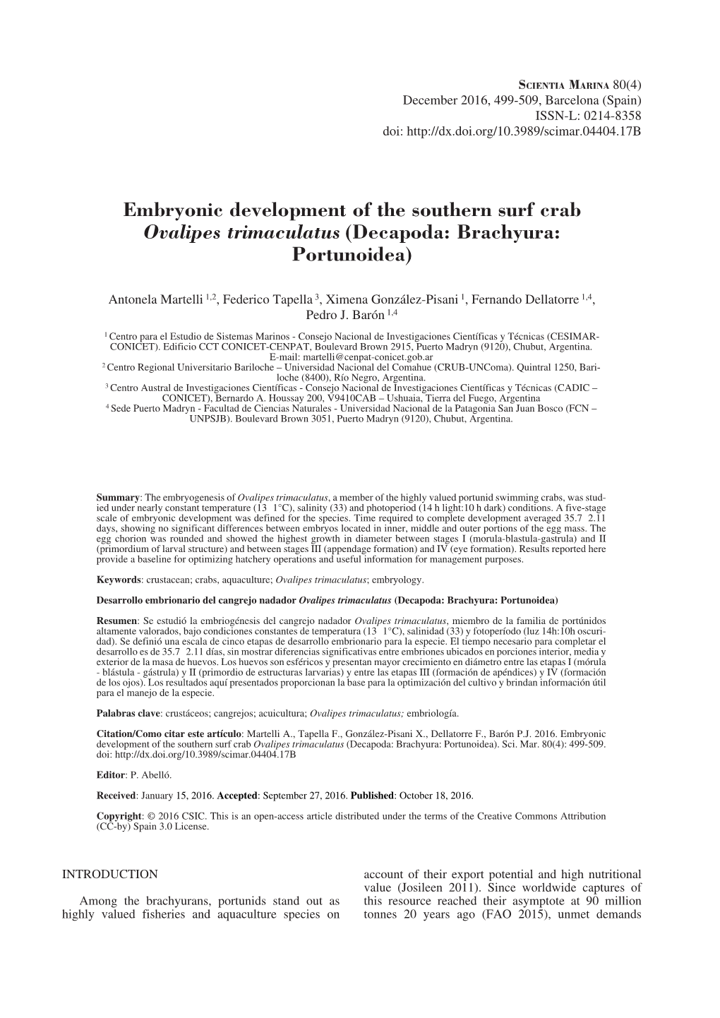 Embryonic Development of the Southern Surf Crab Ovalipes Trimaculatus (Decapoda: Brachyura: Portunoidea)