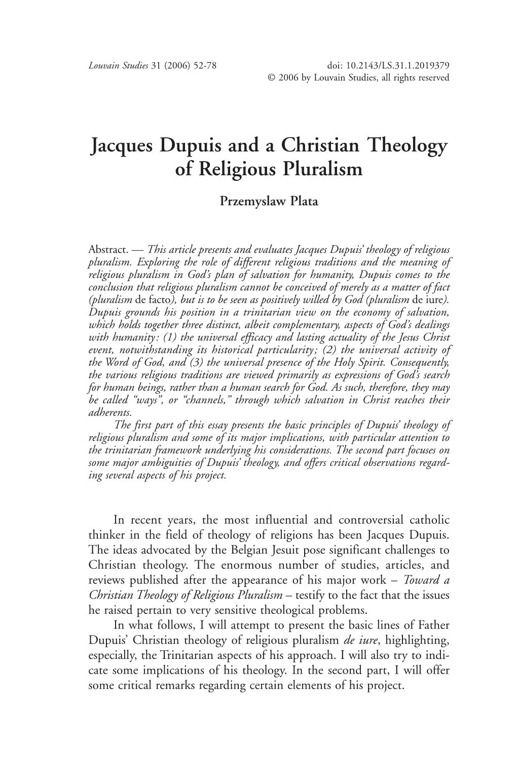 Jacques Dupuis and a Christian Theology of Religious Pluralism Przemyslaw Plata