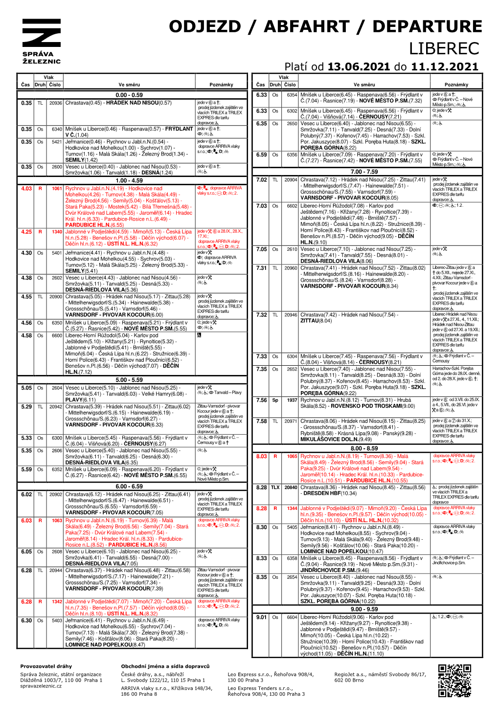 LIBEREC Platí Od ��.��.���� Do 11.12.2021 Vlak Vlak Čas Druh Číslo Ve Sm Ěru Poznámky Čas Druh Číslo Ve Sm Ěru Poznámky