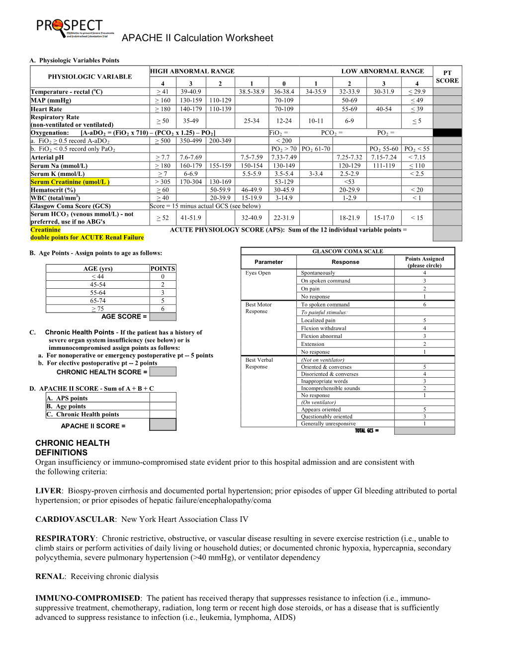 APACHE II Calculation Worksheet