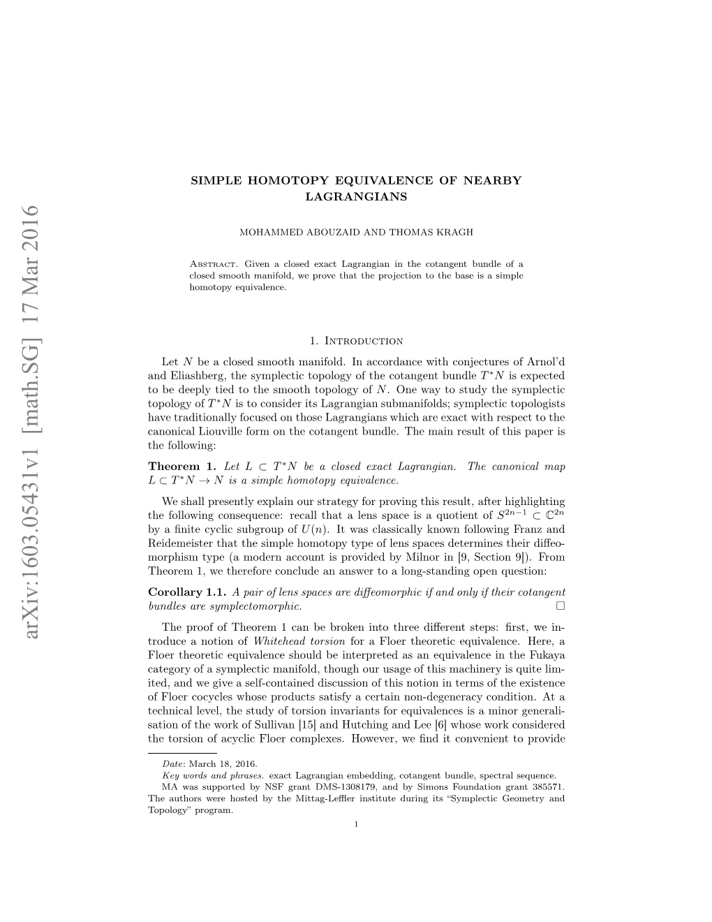 Simple Homotopy Equivalence of Nearby Lagrangians 3