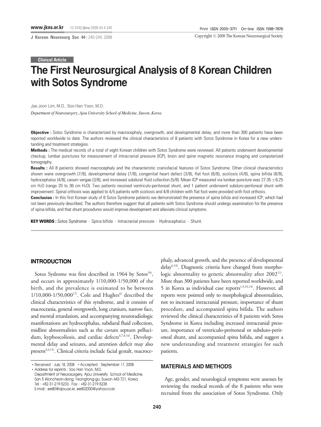 The First Neurosurgical Analysis of 8 Korean Children with Sotos Syndrome