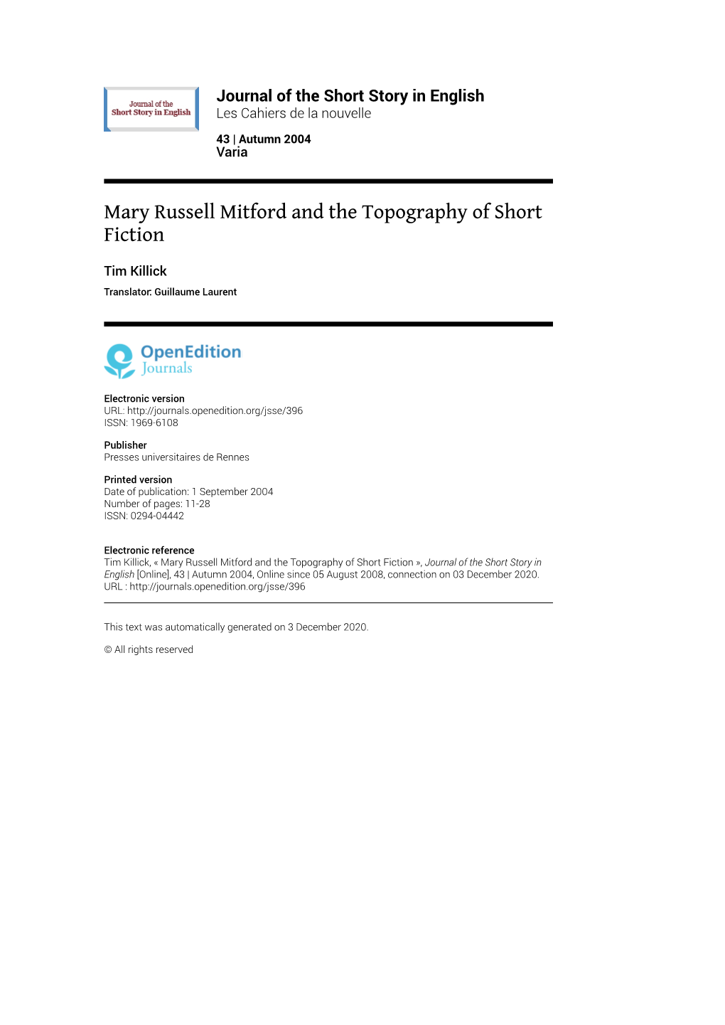 Journal of the Short Story in English, 43 | Autumn 2004 Mary Russell Mitford and the Topography of Short Fiction 2