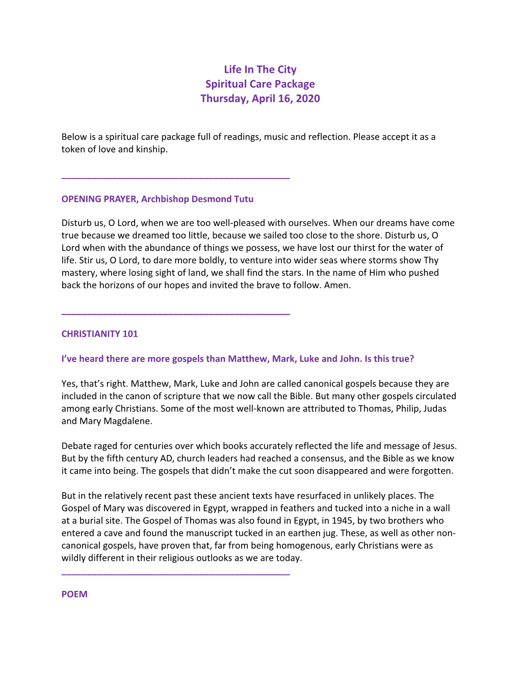 Life in the City Spiritual Care Package Thursday, April 16, 2020