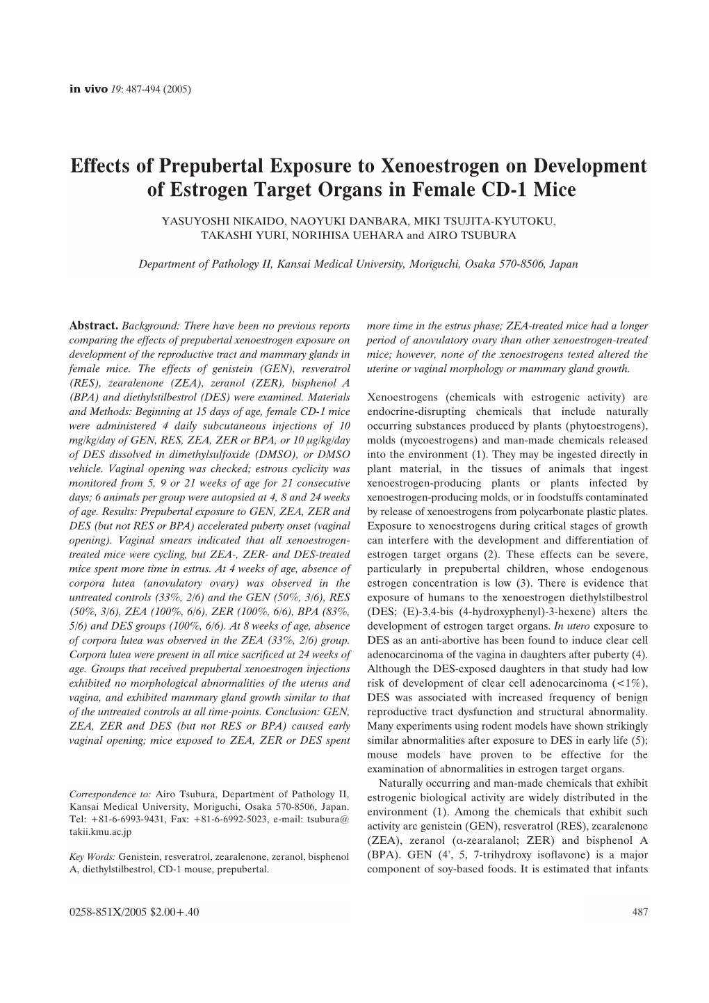 Effects of Prepubertal Exposure to Xenoestrogen on Development of Estrogen Target Organs in Female CD-1 Mice