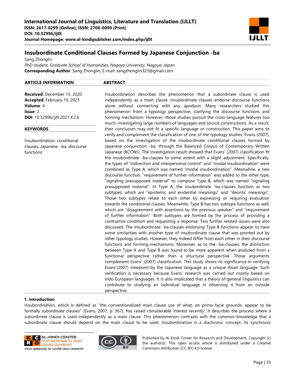 Insubordinate Conditional Clauses Formed by Japanese Conjunction