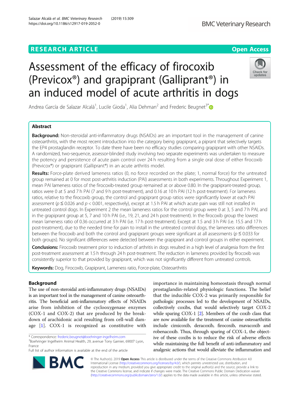 And Grapiprant (Galliprant®) in an Induced Model of Acute Arthritis in Dogs Andrea García De Salazar Alcalá1, Lucile Gioda1, Alia Dehman2 and Frederic Beugnet3*