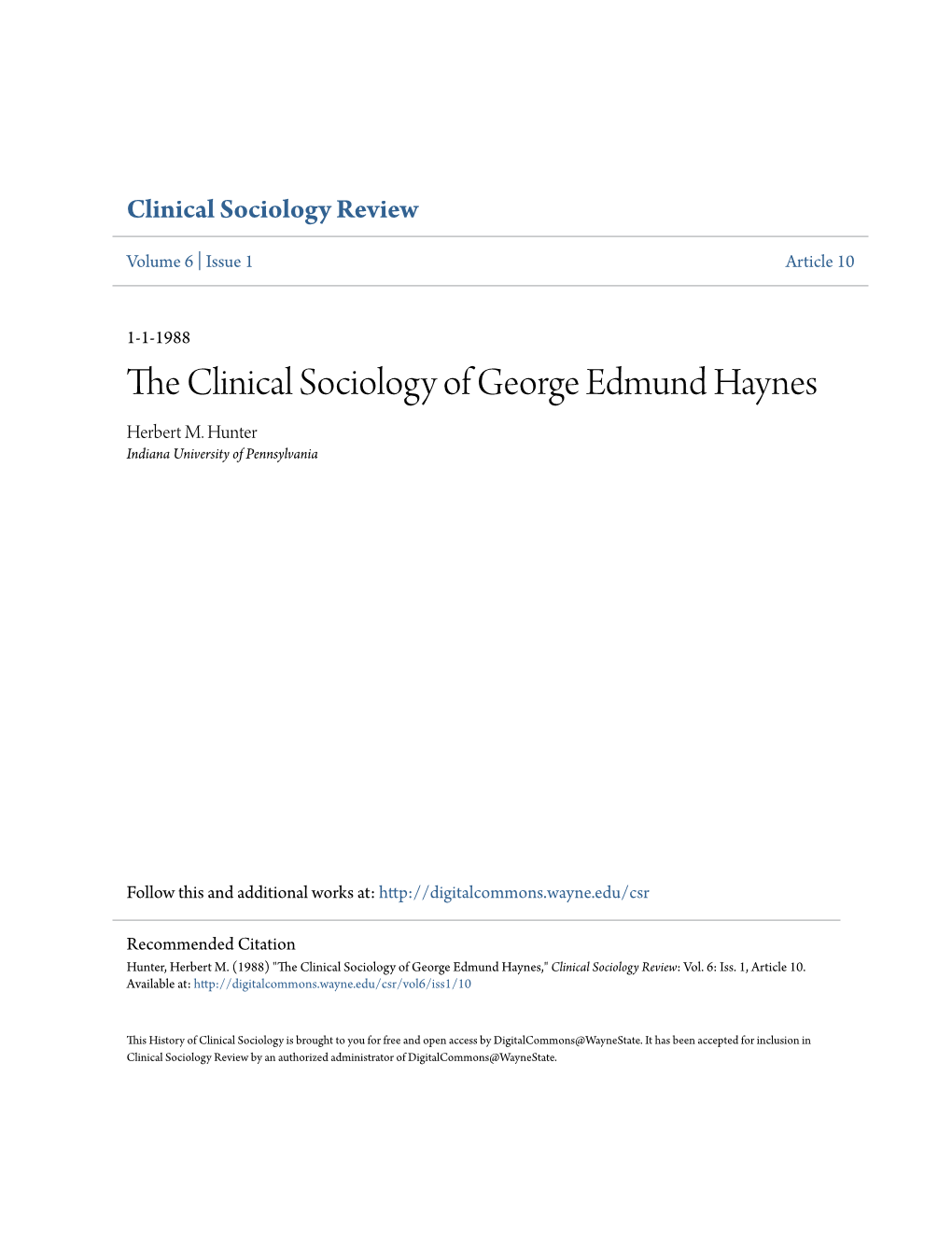 The Clinical Sociology of George Edmund Haynes (1880–1960)