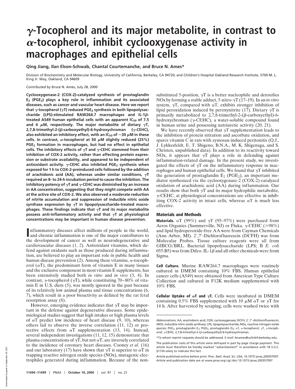 Tocopherol, Inhibit Cyclooxygenase Activity in Macrophages and Epithelial Cells