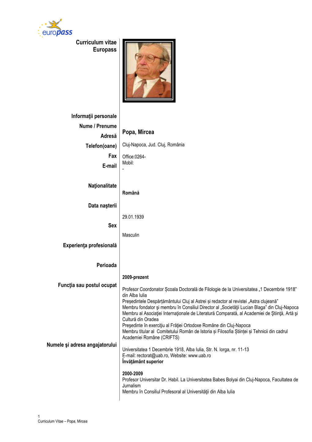 Curriculum Vitae Europass Popa, Mircea
