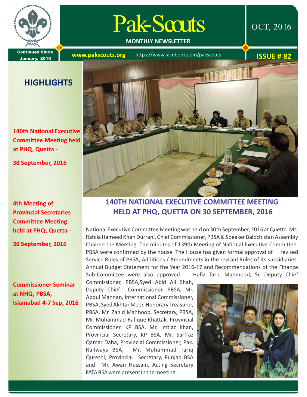 Pak-Scouts OCT, 2016 MONTHLY NEWSLETTER Continued Since January, 2010 ISSUE # 82