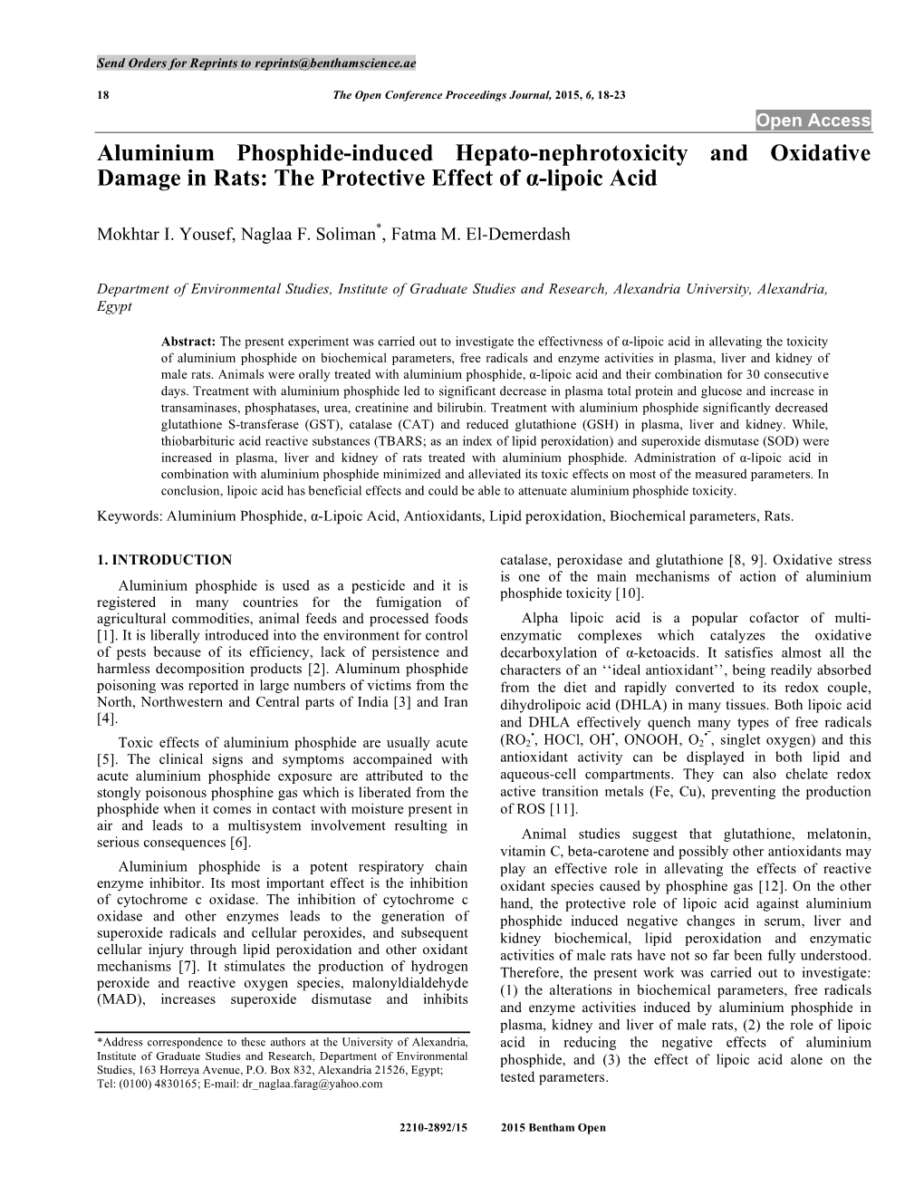 Aluminium Phosphide-Induced Hepato-Nephrotoxicity and Oxidative Damage in Rats: the Protective Effect of Α-Lipoic Acid