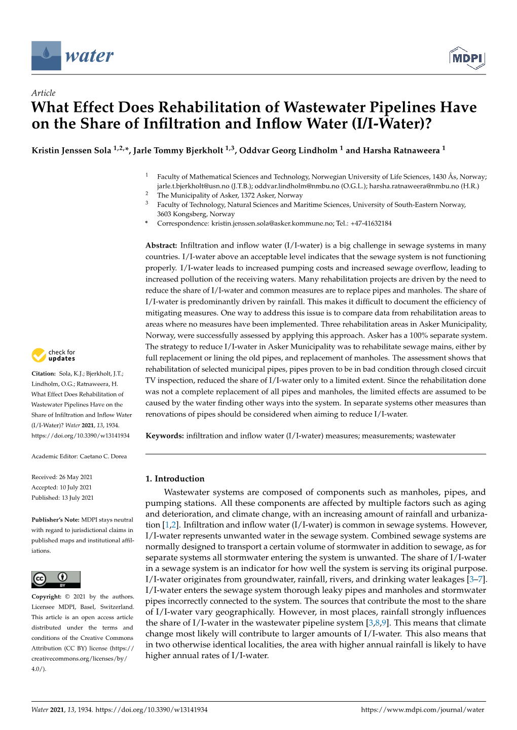 What Effect Does Rehabilitation of Wastewater Pipelines Have on the Share of Inﬁltration and Inﬂow Water (I/I-Water)?