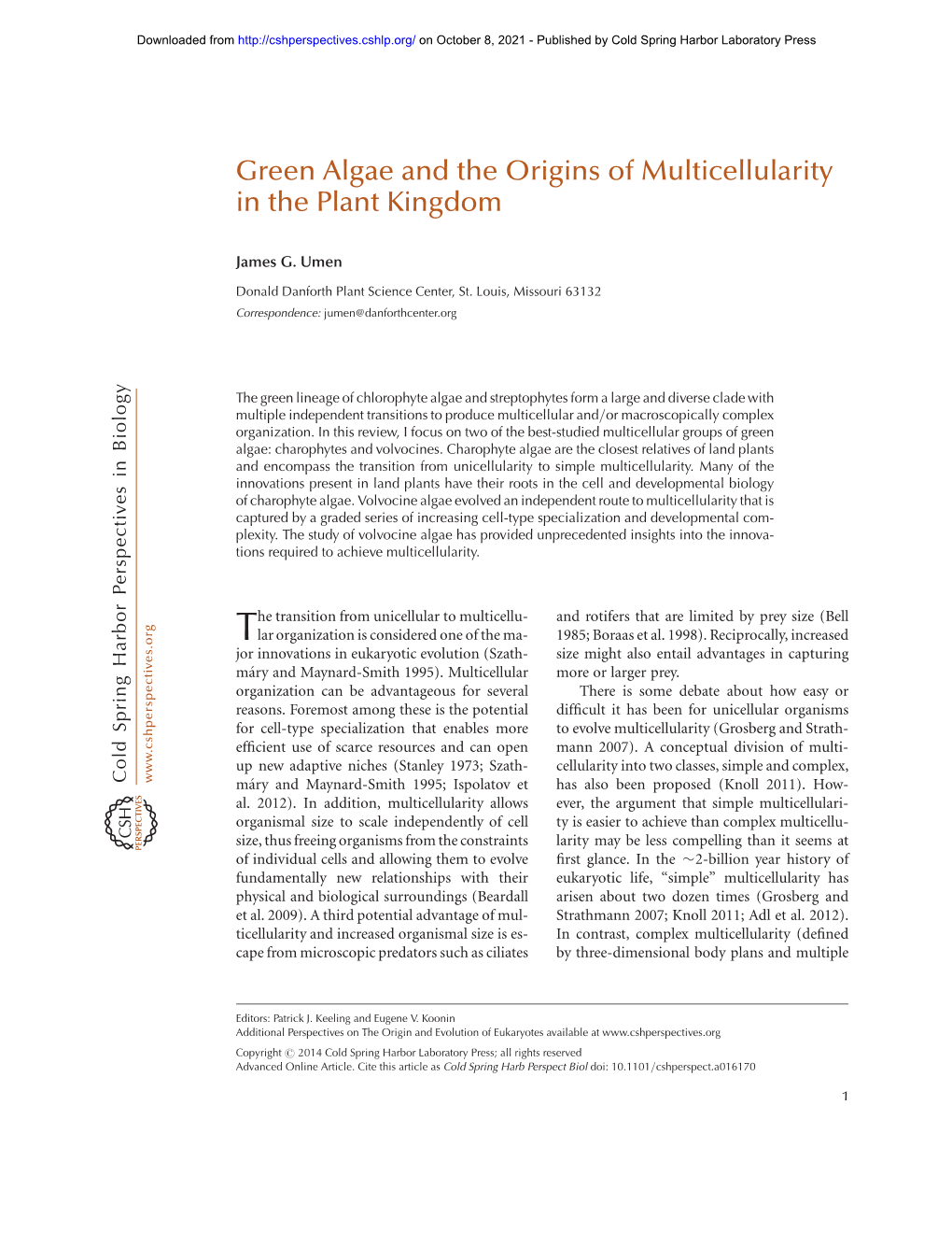 Green Algae and the Origins of Multicellularity in the Plant Kingdom