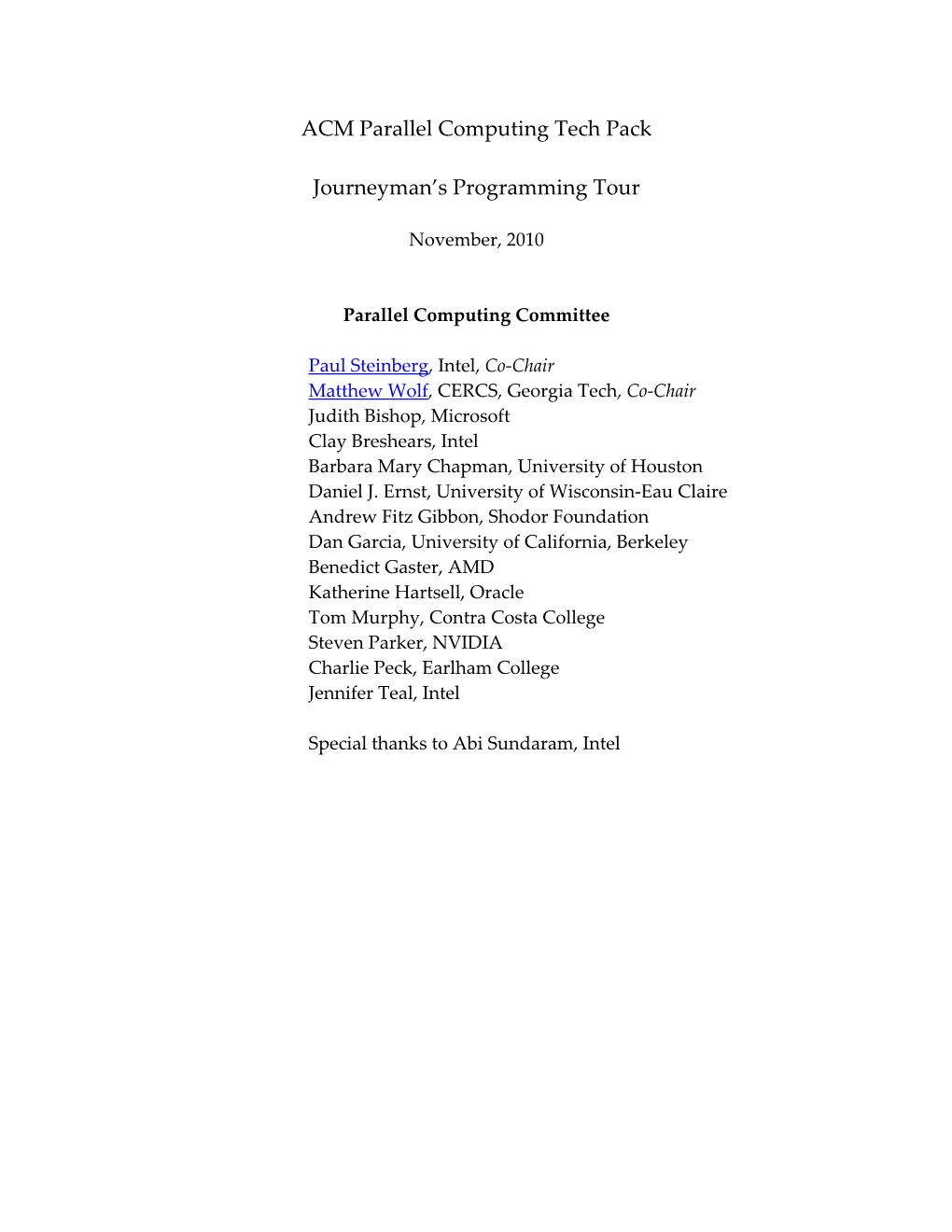 ACM Parallel Computing Tech Pack Journeyman's Programming Tour