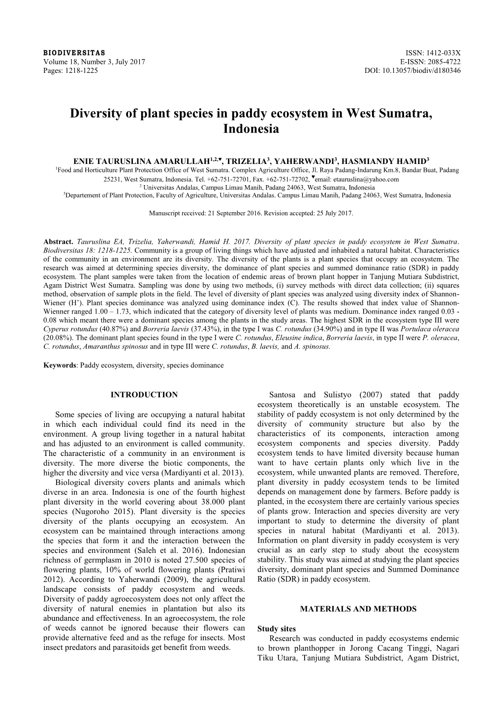 Diversity of Plant Species in Paddy Ecosystem in West Sumatra, Indonesia