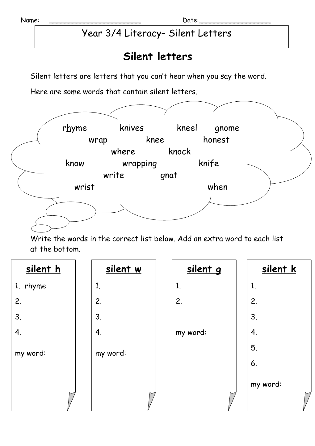 Year 3/4 Literacy Silent Letters